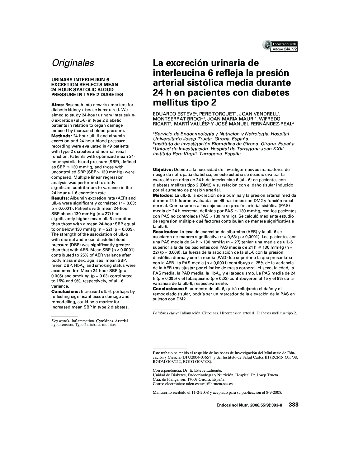 La excreción urinaria de interleucina 6 refleja la presión arterial sistólica media durante 24 h en pacientes con diabetes mellitus tipo 2