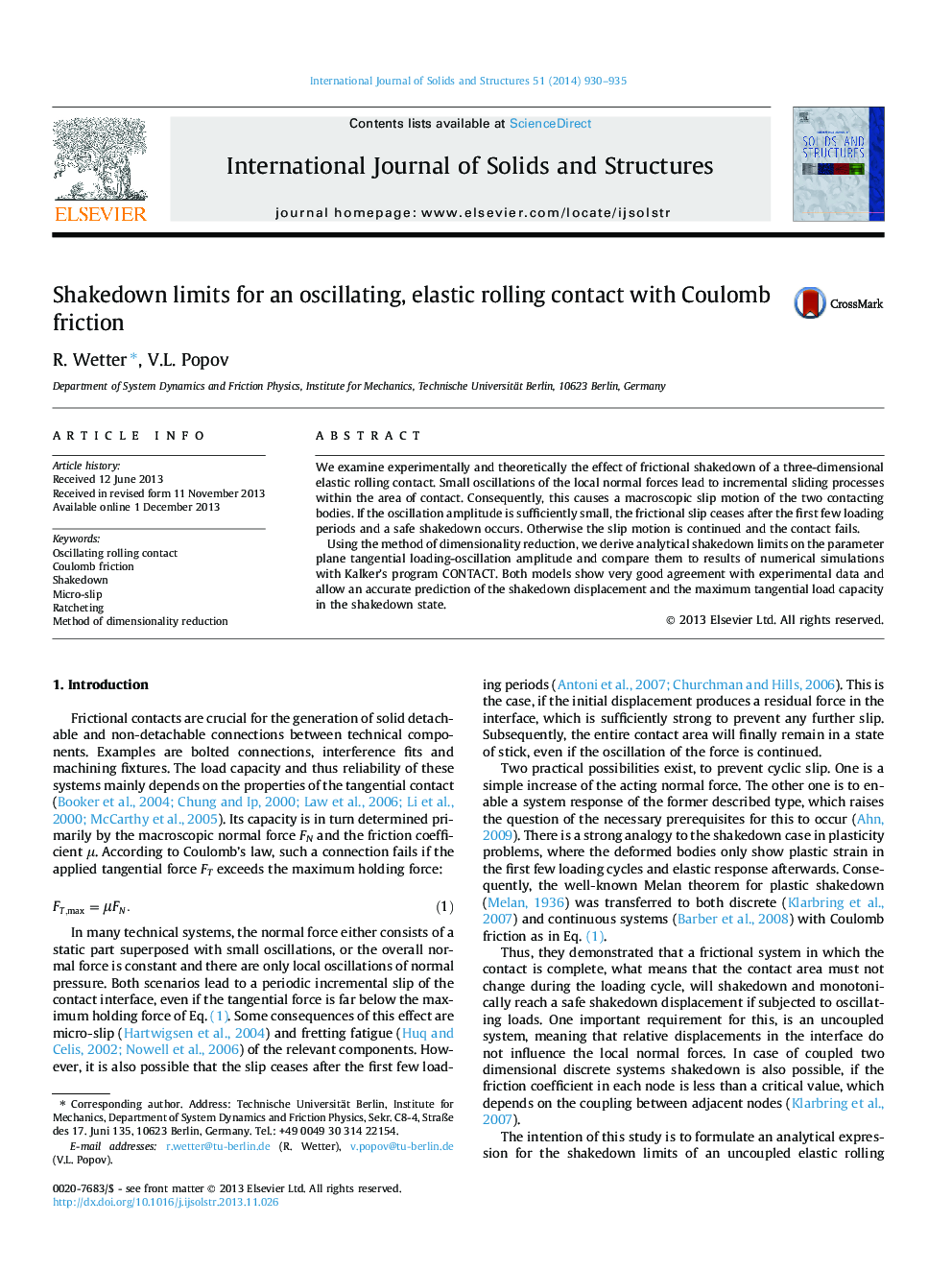 Shakedown limits for an oscillating, elastic rolling contact with Coulomb friction