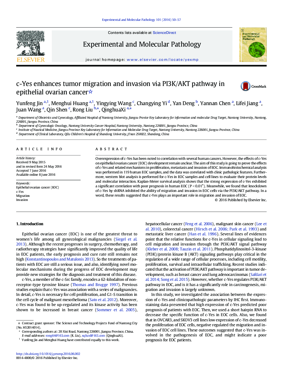 c-Yes enhances tumor migration and invasion via PI3K/AKT pathway in epithelial ovarian cancer 