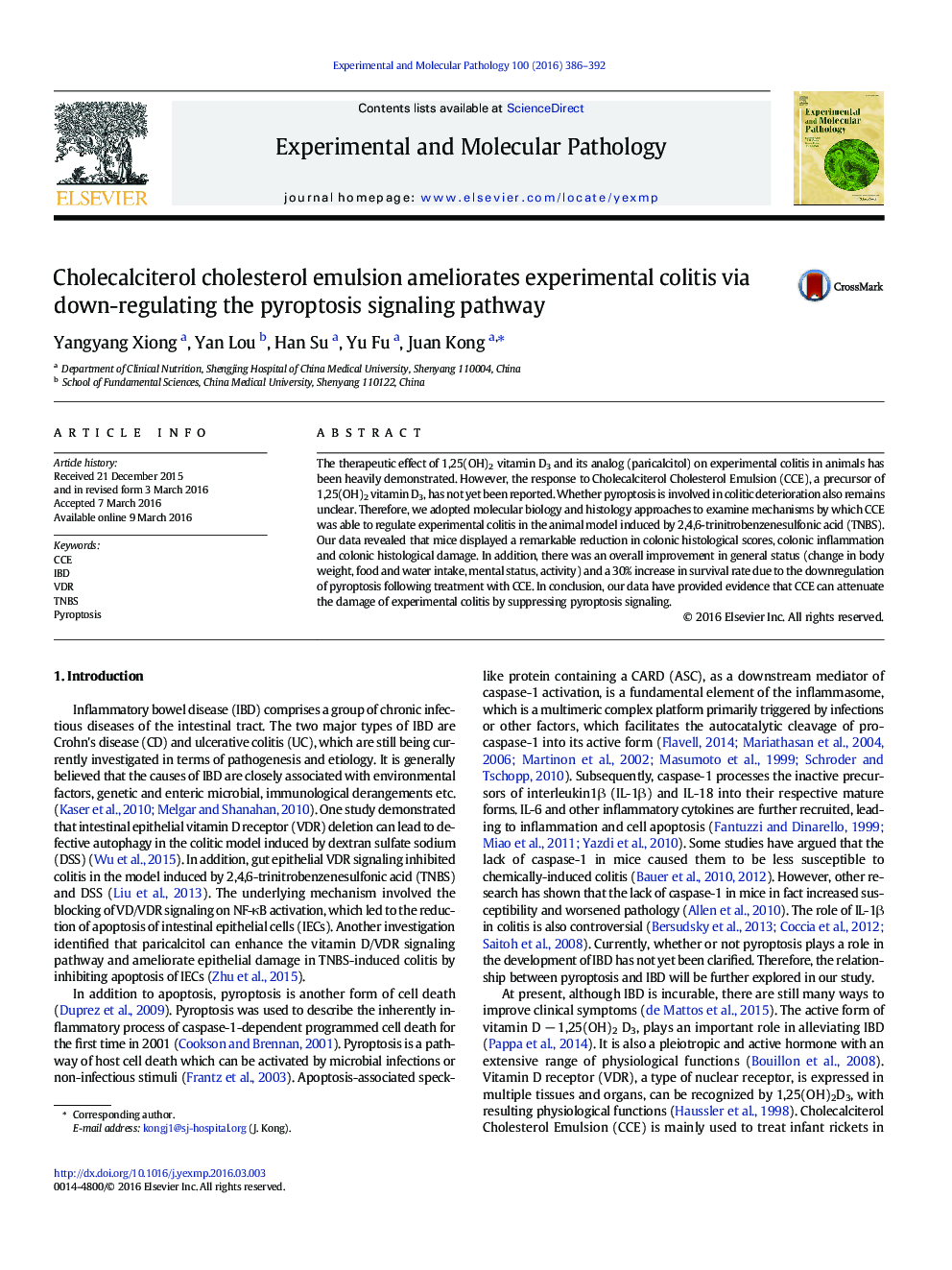 Cholecalciterol cholesterol emulsion ameliorates experimental colitis via down-regulating the pyroptosis signaling pathway