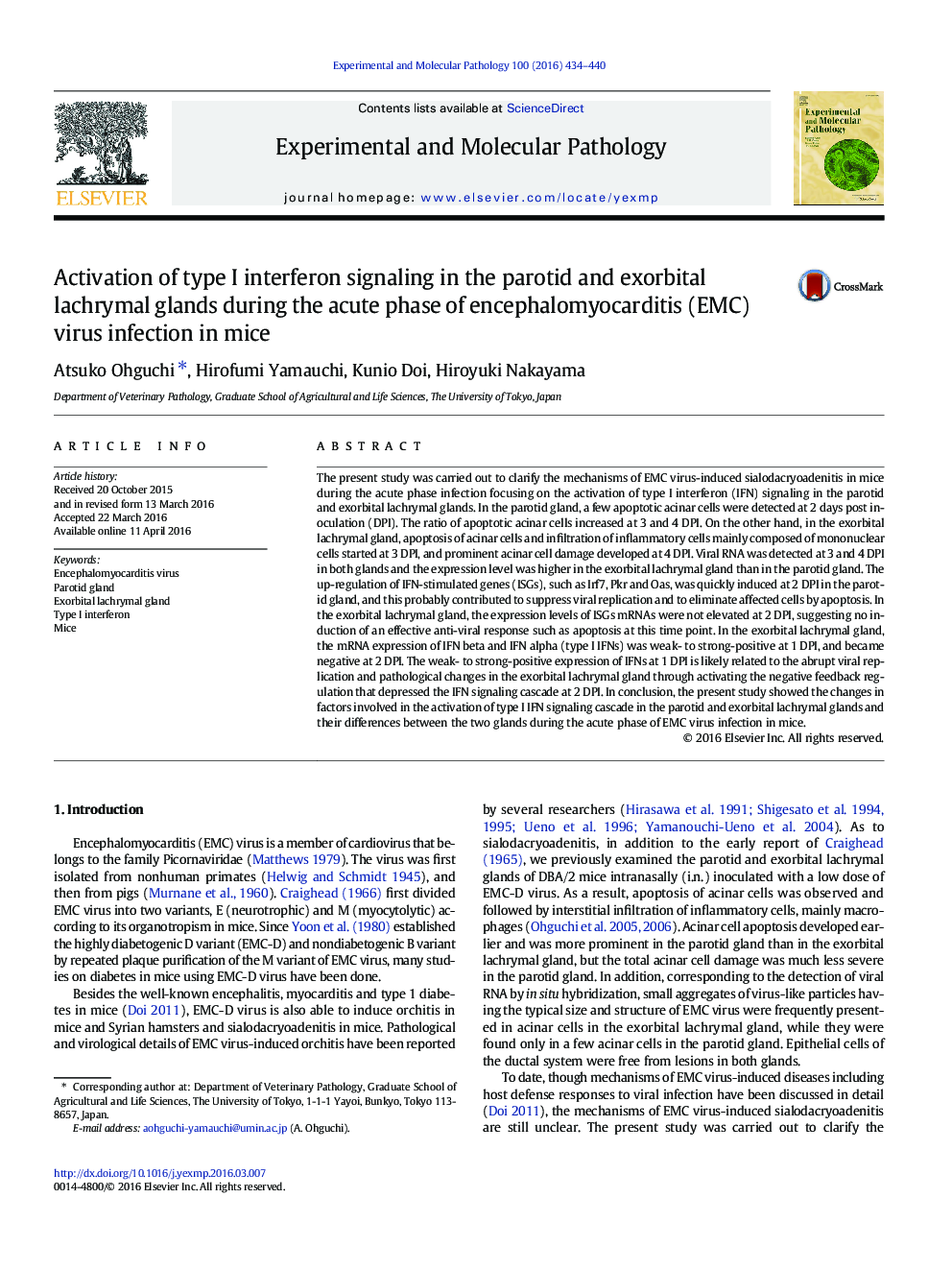عکس صفحه اول مقاله: Activation of type I interferon signaling in the parotid and exorbital lachrymal glands during the acute phase of encephalomyocarditis (EMC) virus infection in mice Activation of type I interferon signaling in the parotid and exorbital lachrymal glands during the acute phase of encephalomyocarditis (EMC) virus infection in mice
