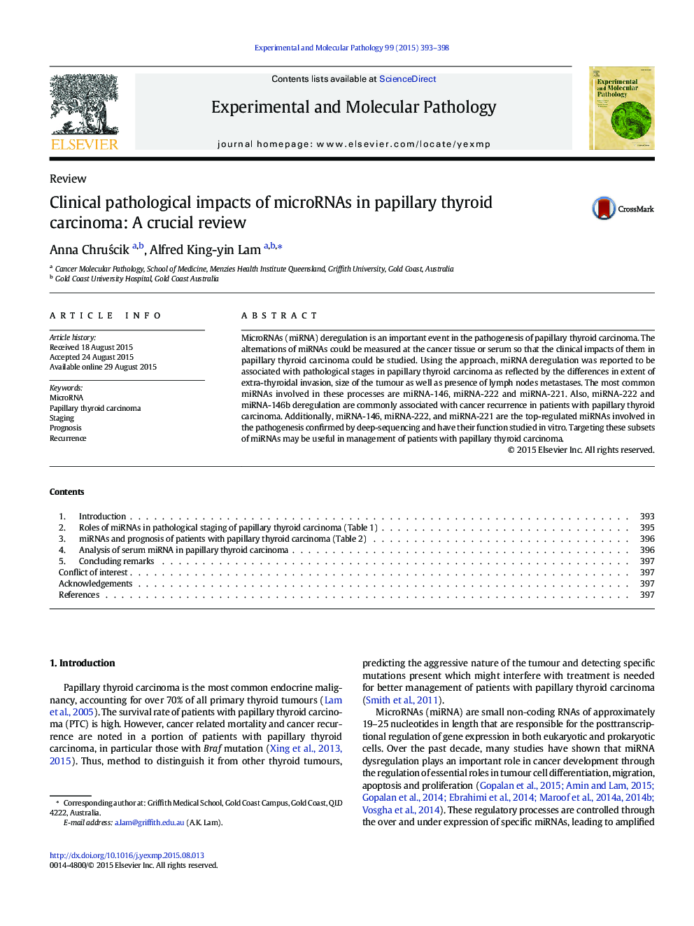 عکس صفحه اول مقاله: Clinical pathological impacts of microRNAs in papillary thyroid carcinoma: A crucial review Clinical pathological impacts of microRNAs in papillary thyroid carcinoma: A crucial review