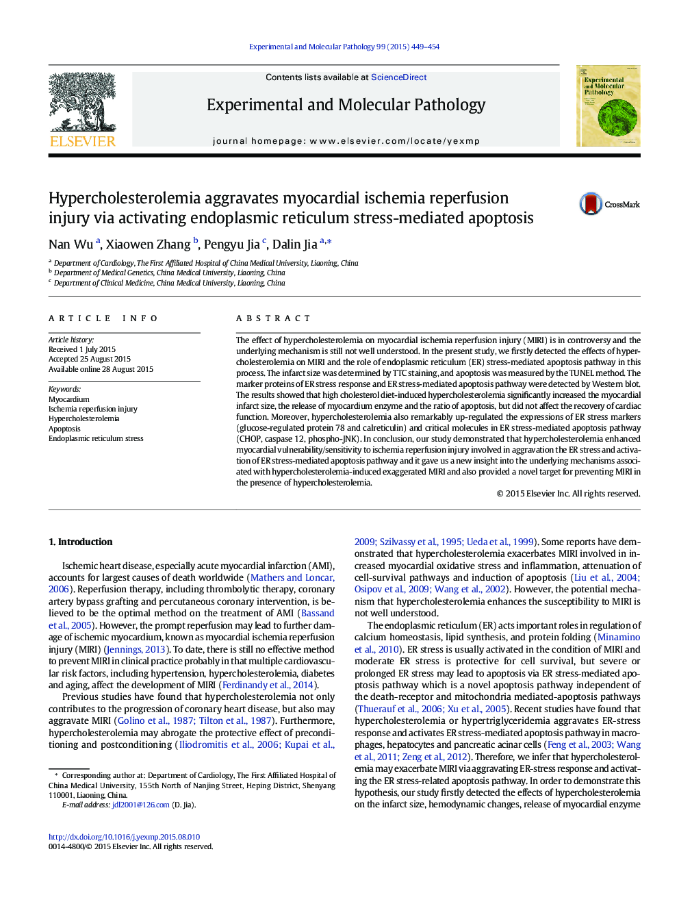 Hypercholesterolemia aggravates myocardial ischemia reperfusion injury via activating endoplasmic reticulum stress-mediated apoptosis