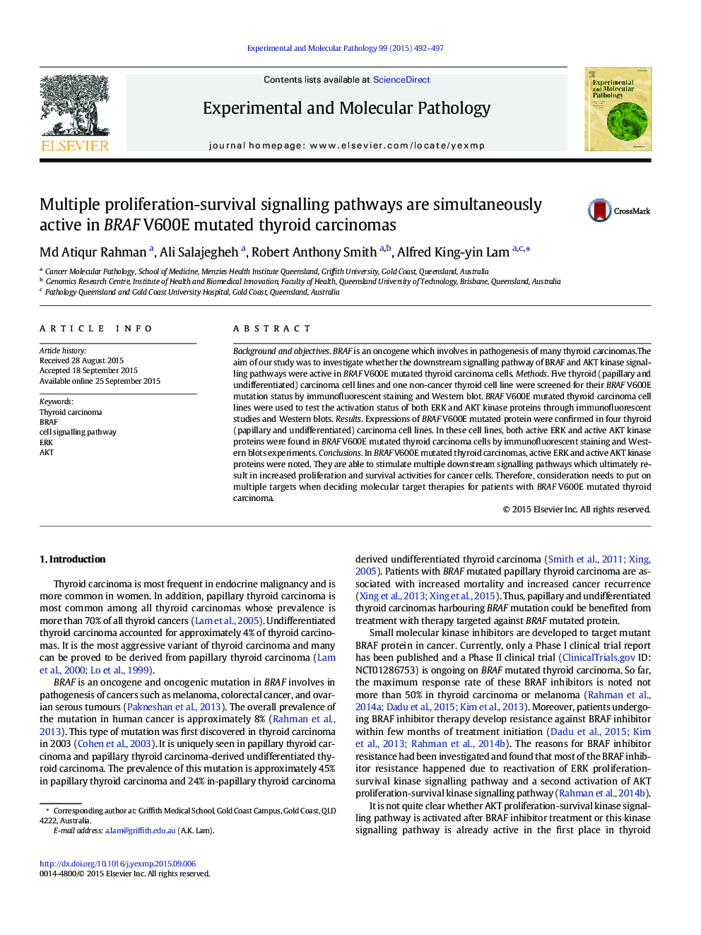 Multiple proliferation-survival signalling pathways are simultaneously active in BRAF V600E mutated thyroid carcinomas