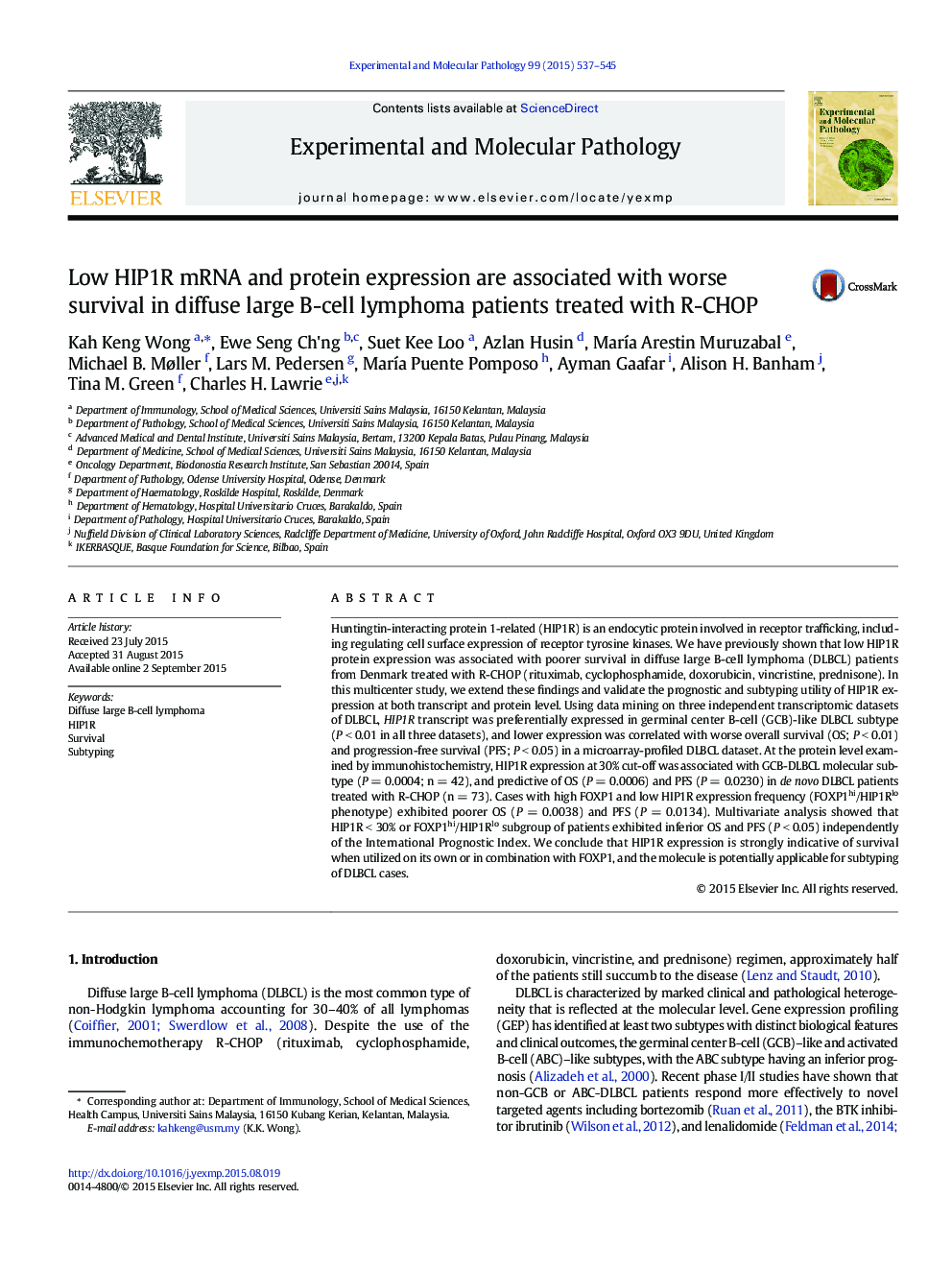 Low HIP1R mRNA and protein expression are associated with worse survival in diffuse large B-cell lymphoma patients treated with R-CHOP