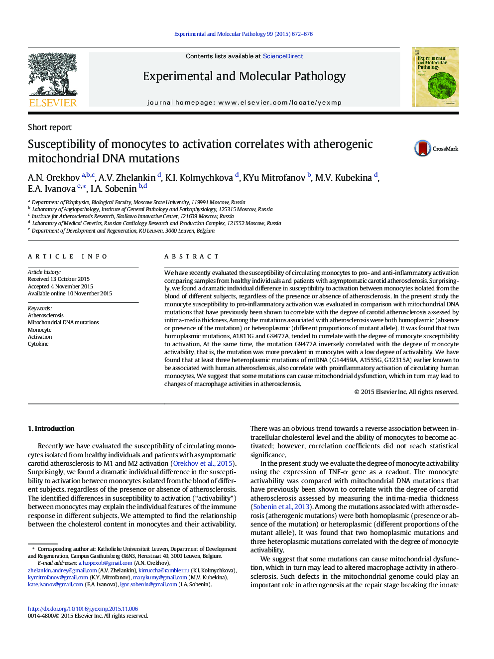 عکس صفحه اول مقاله: Susceptibility of monocytes to activation correlates with atherogenic mitochondrial DNA mutations Susceptibility of monocytes to activation correlates with atherogenic mitochondrial DNA mutations