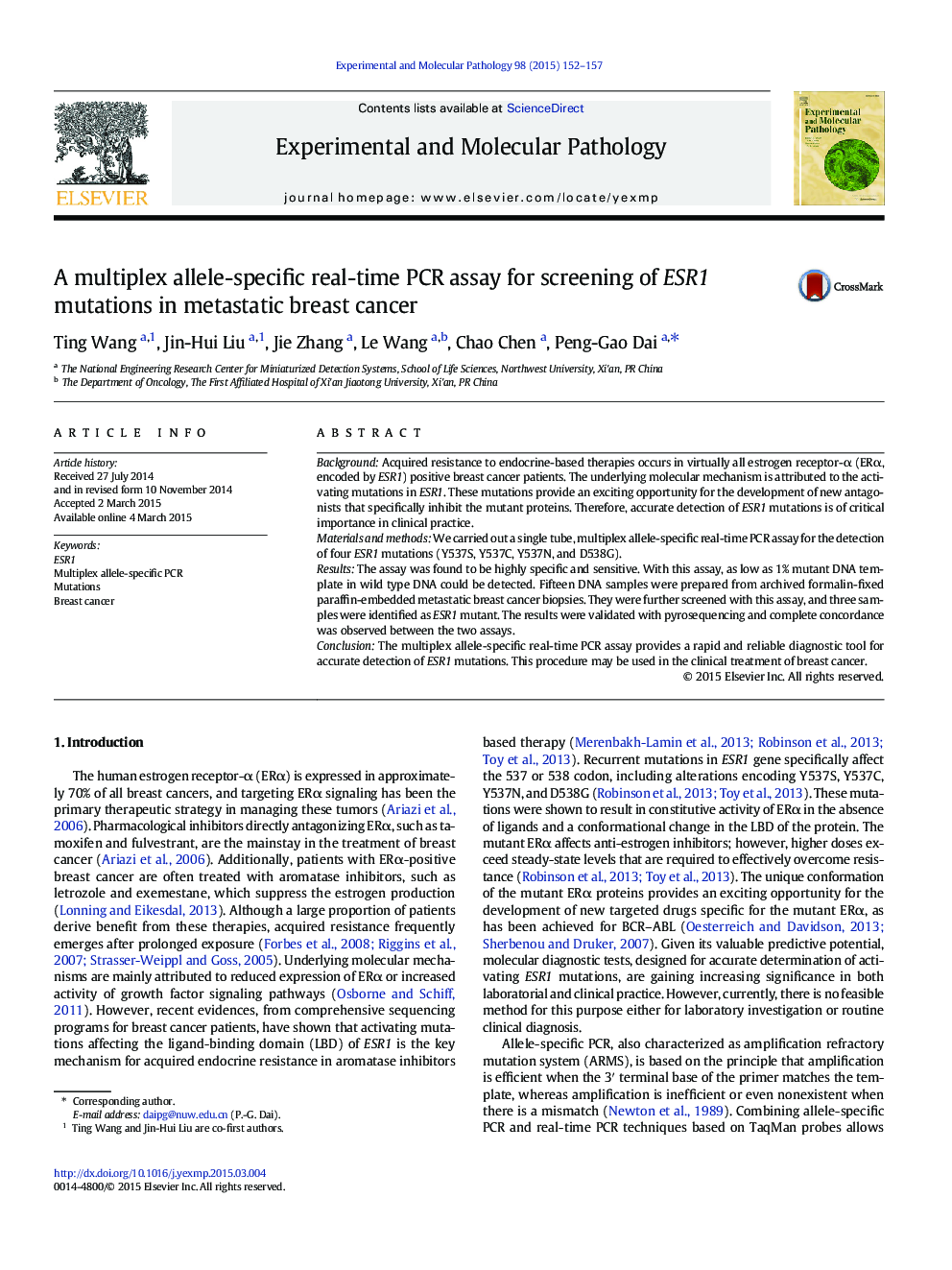 A multiplex allele-specific real-time PCR assay for screening of ESR1 mutations in metastatic breast cancer