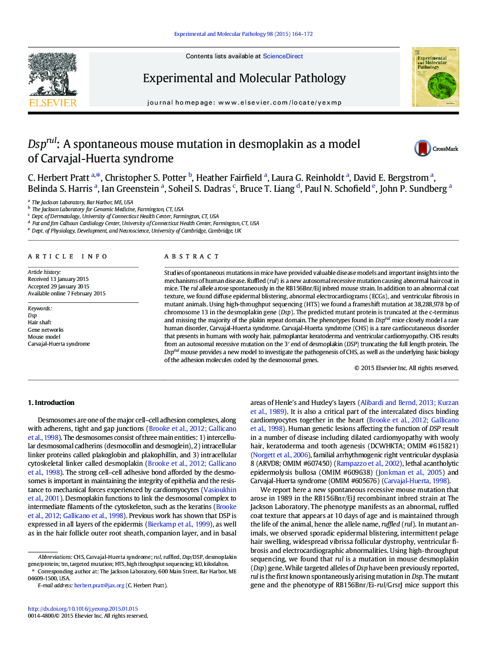 Dsprul: A spontaneous mouse mutation in desmoplakin as a model of Carvajal-Huerta syndrome