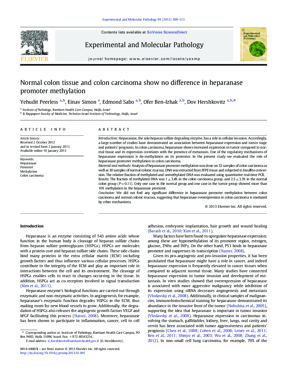 Normal colon tissue and colon carcinoma show no difference in heparanase promoter methylation