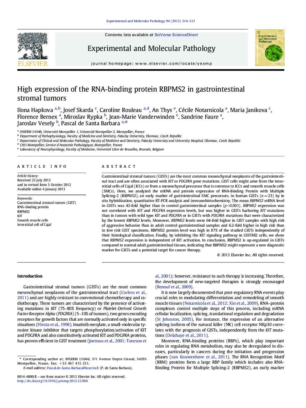 High expression of the RNA-binding protein RBPMS2 in gastrointestinal stromal tumors