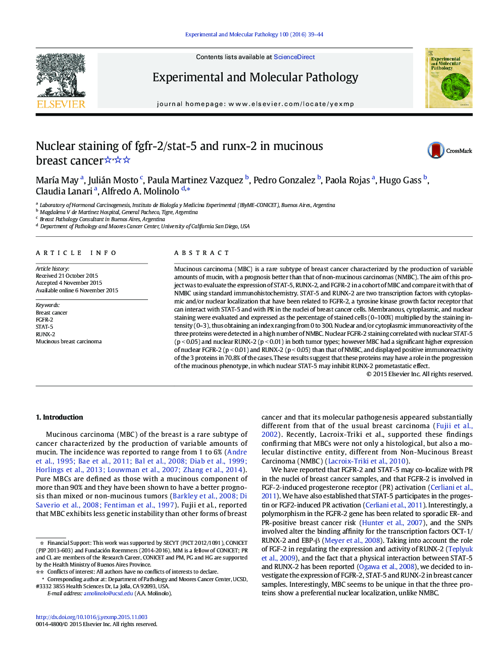 Nuclear staining of fgfr-2/stat-5 and runx-2 in mucinous breast cancer 