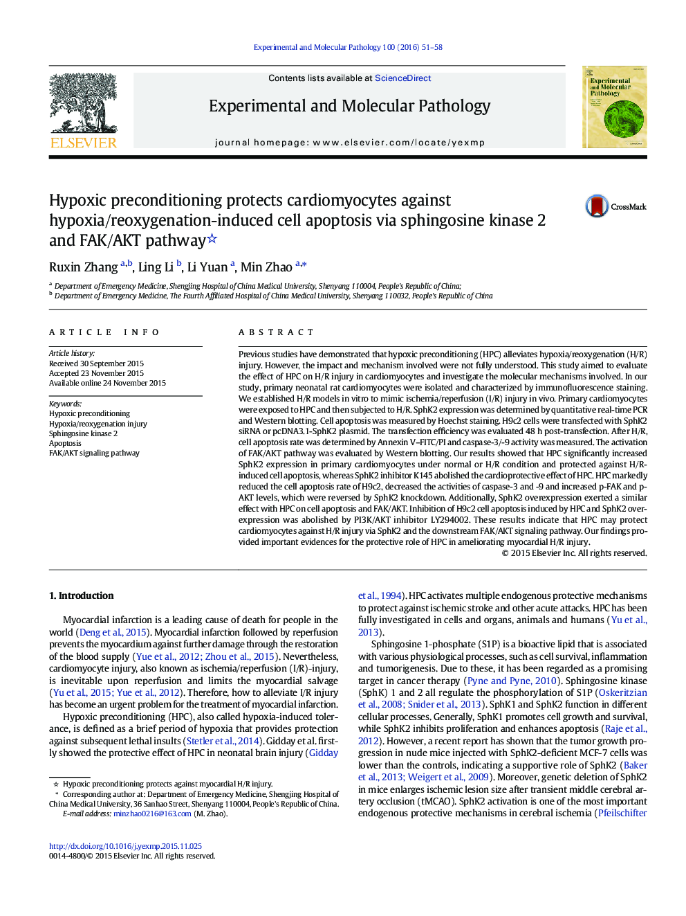 Hypoxic preconditioning protects cardiomyocytes against hypoxia/reoxygenation-induced cell apoptosis via sphingosine kinase 2 and FAK/AKT pathway 