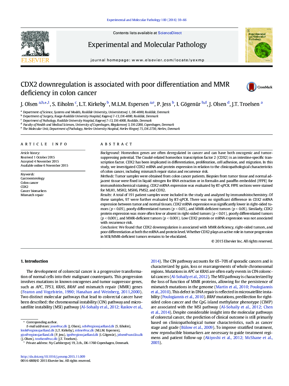 CDX2 downregulation is associated with poor differentiation and MMR deficiency in colon cancer