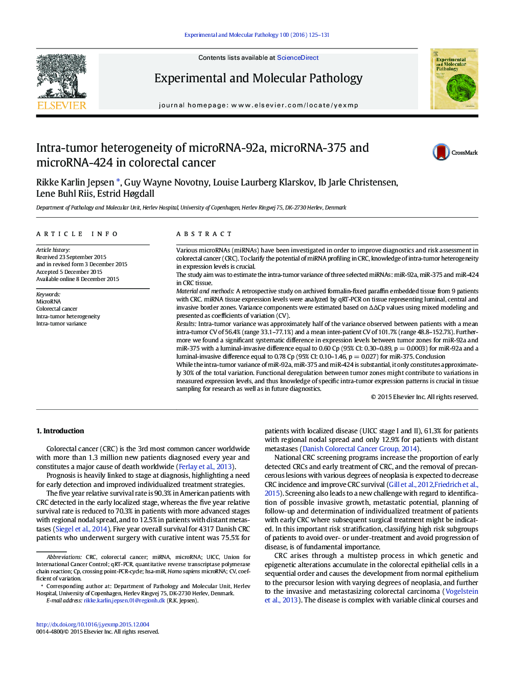 عکس صفحه اول مقاله: Intra-tumor heterogeneity of microRNA-92a, microRNA-375 and microRNA-424 in colorectal cancer Intra-tumor heterogeneity of microRNA-92a, microRNA-375 and microRNA-424 in colorectal cancer