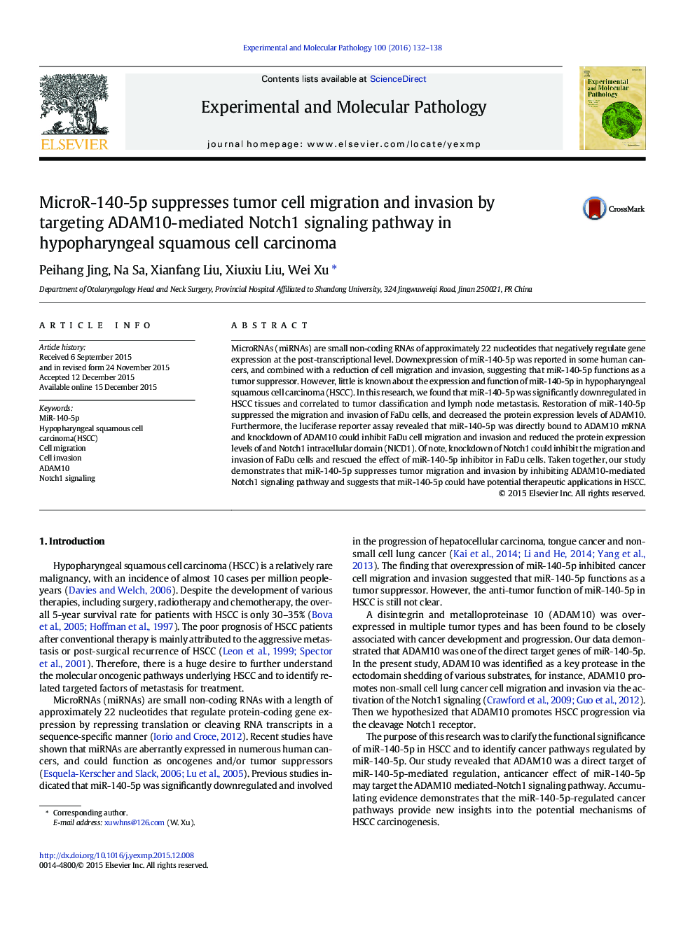 MicroR-140-5p suppresses tumor cell migration and invasion by targeting ADAM10-mediated Notch1 signaling pathway in hypopharyngeal squamous cell carcinoma