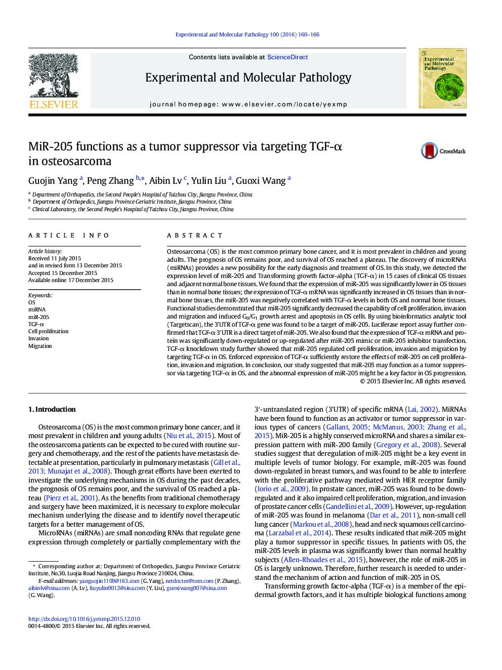 MiR-205 functions as a tumor suppressor via targeting TGF-α in osteosarcoma