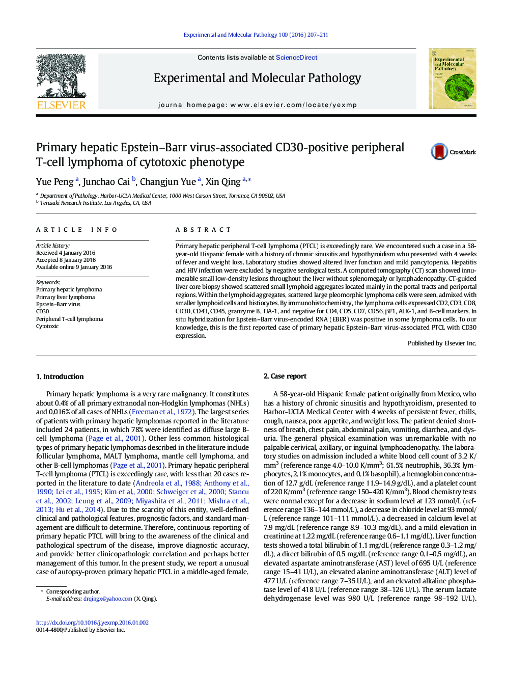 Primary hepatic Epstein–Barr virus-associated CD30-positive peripheral T-cell lymphoma of cytotoxic phenotype