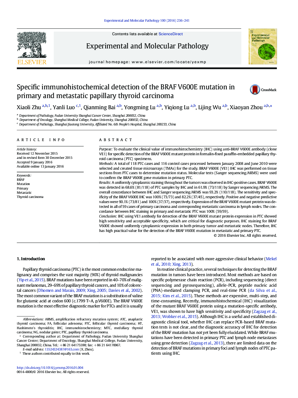 Specific immunohistochemical detection of the BRAF V600E mutation in primary and metastatic papillary thyroid carcinoma