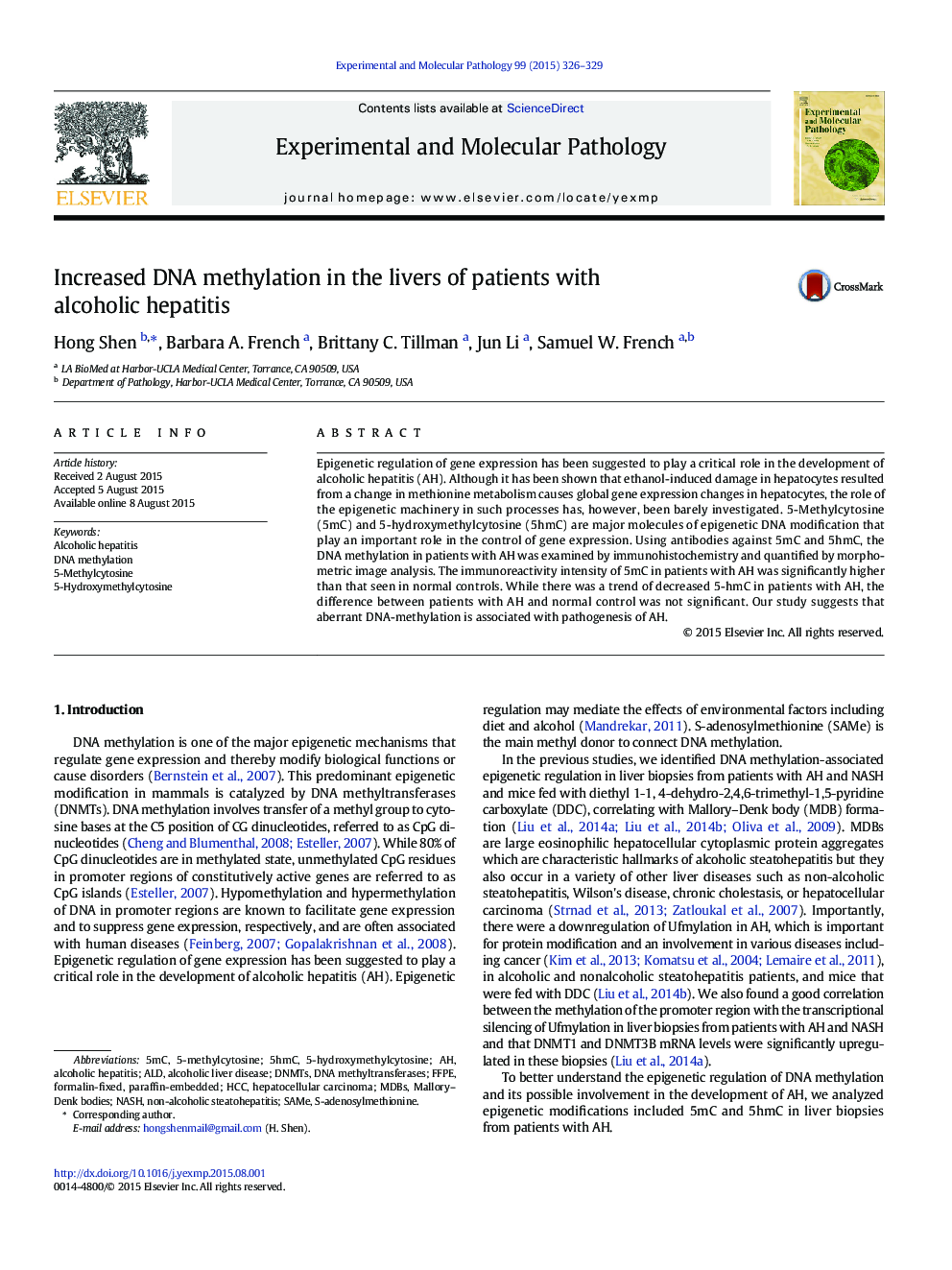 Increased DNA methylation in the livers of patients with alcoholic hepatitis