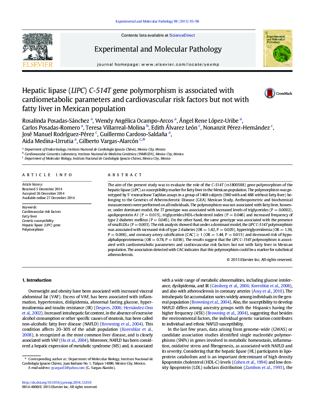 Hepatic lipase (LIPC) C-514T gene polymorphism is associated with cardiometabolic parameters and cardiovascular risk factors but not with fatty liver in Mexican population