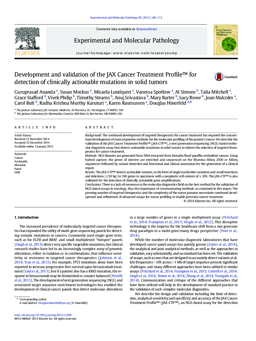 Development and validation of the JAX Cancer Treatment Profile™ for detection of clinically actionable mutations in solid tumors