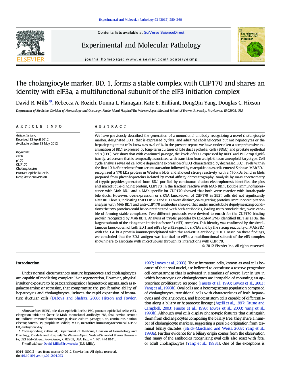 The cholangiocyte marker, BD. 1, forms a stable complex with CLIP170 and shares an identity with eIF3a, a multifunctional subunit of the eIF3 initiation complex