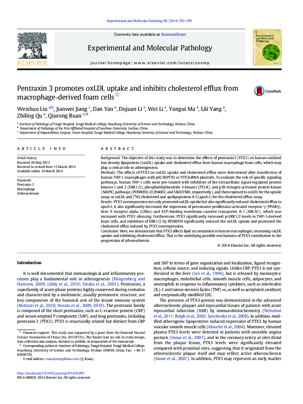 عکس صفحه اول مقاله: Pentraxin 3 promotes oxLDL uptake and inhibits cholesterol efflux from macrophage-derived foam cells Pentraxin 3 promotes oxLDL uptake and inhibits cholesterol efflux from macrophage-derived foam cells