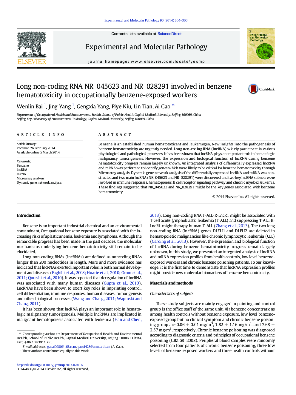 Long non-coding RNA NR_045623 and NR_028291 involved in benzene hematotoxicity in occupationally benzene-exposed workers