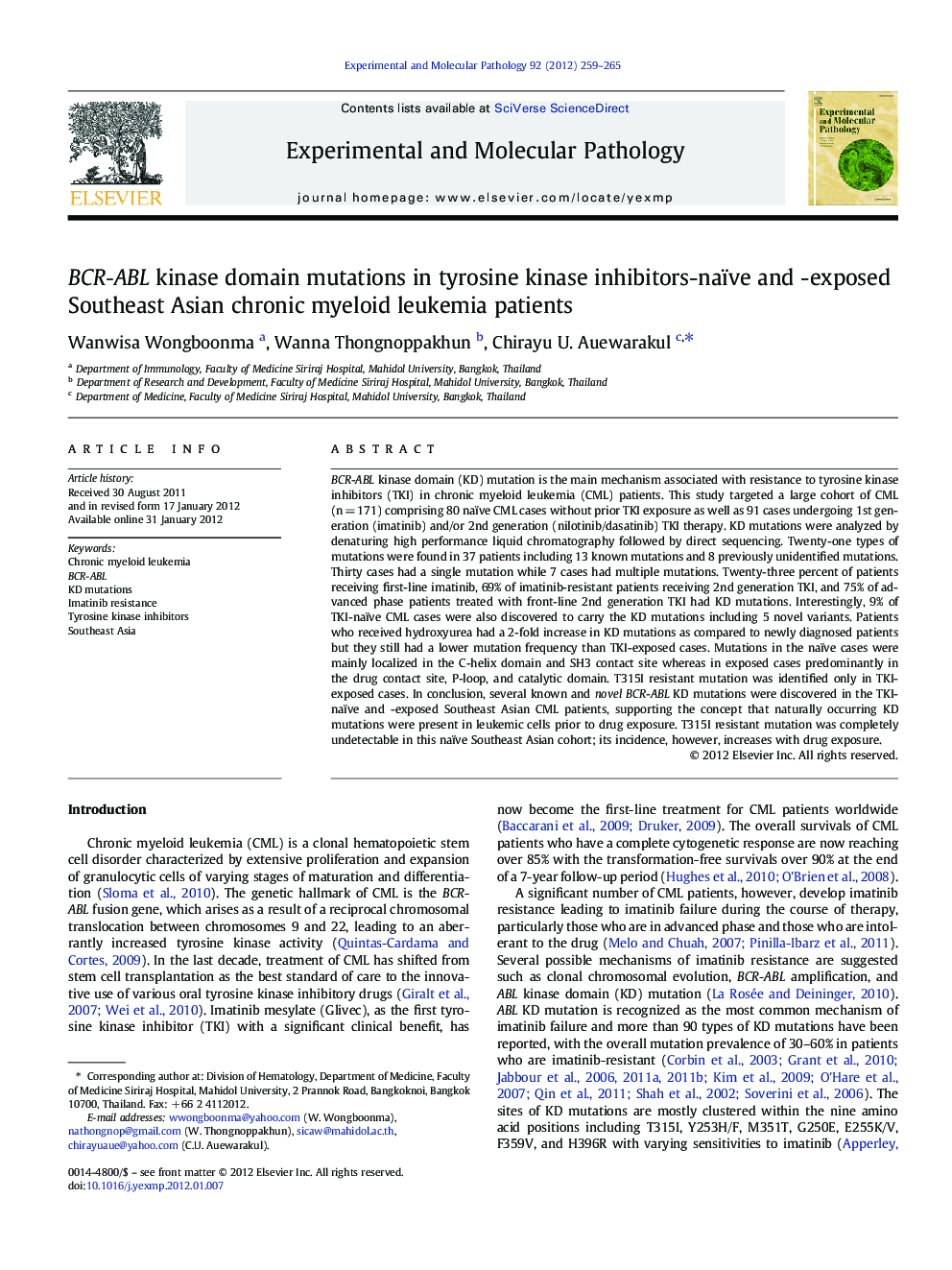 BCR-ABL kinase domain mutations in tyrosine kinase inhibitors-naïve and -exposed Southeast Asian chronic myeloid leukemia patients