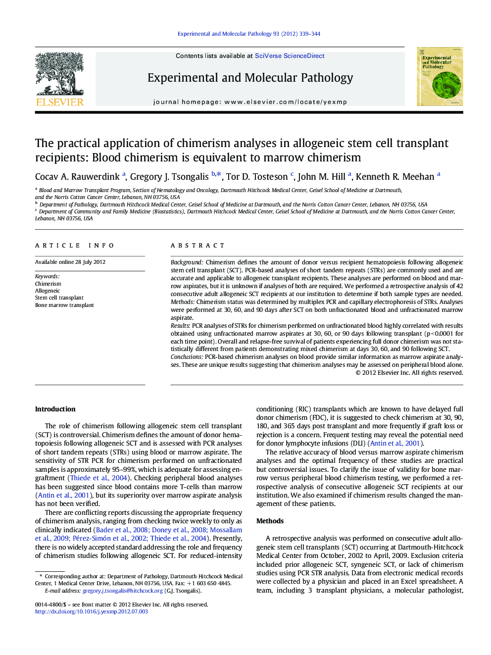 The practical application of chimerism analyses in allogeneic stem cell transplant recipients: Blood chimerism is equivalent to marrow chimerism