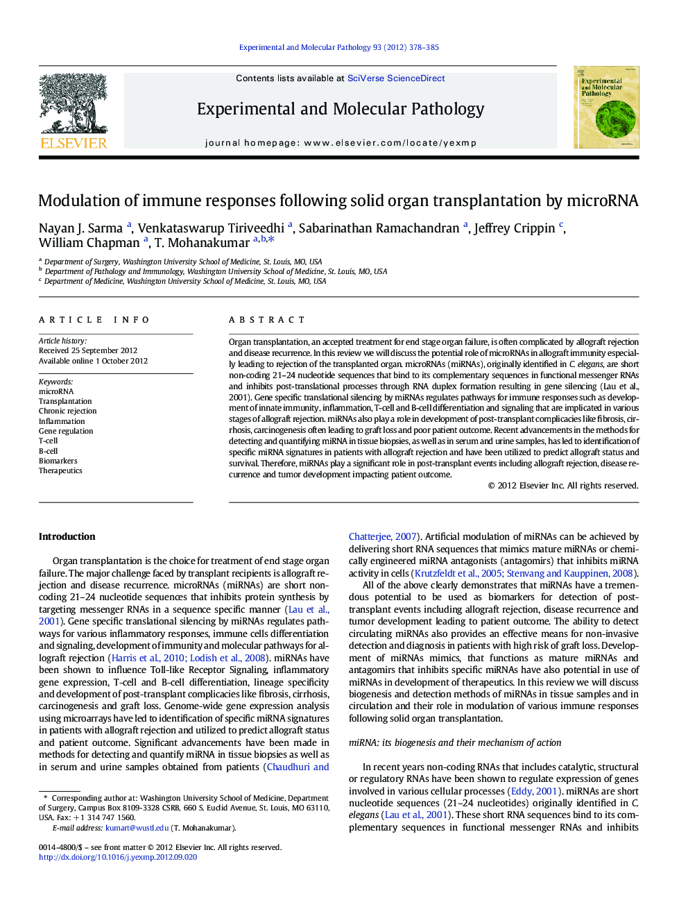 Modulation of immune responses following solid organ transplantation by microRNA