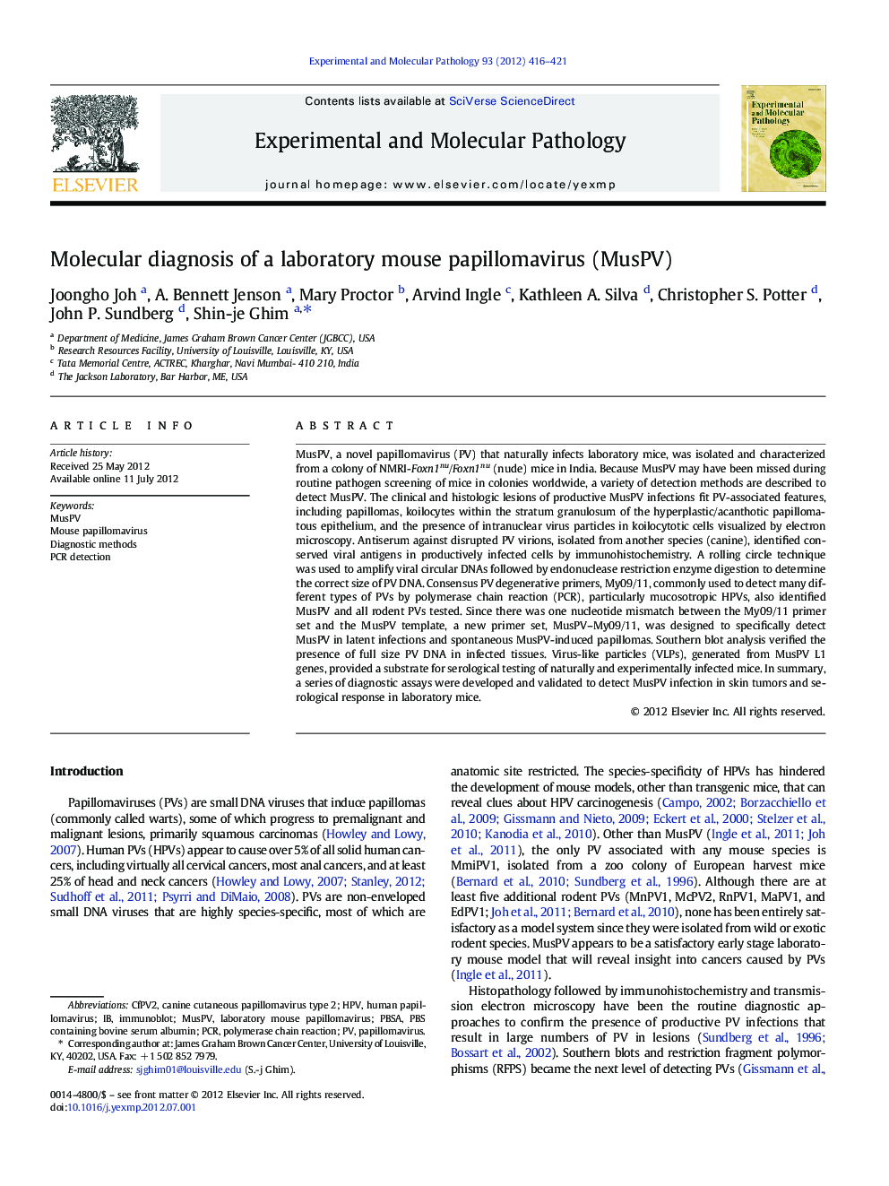 Molecular diagnosis of a laboratory mouse papillomavirus (MusPV)