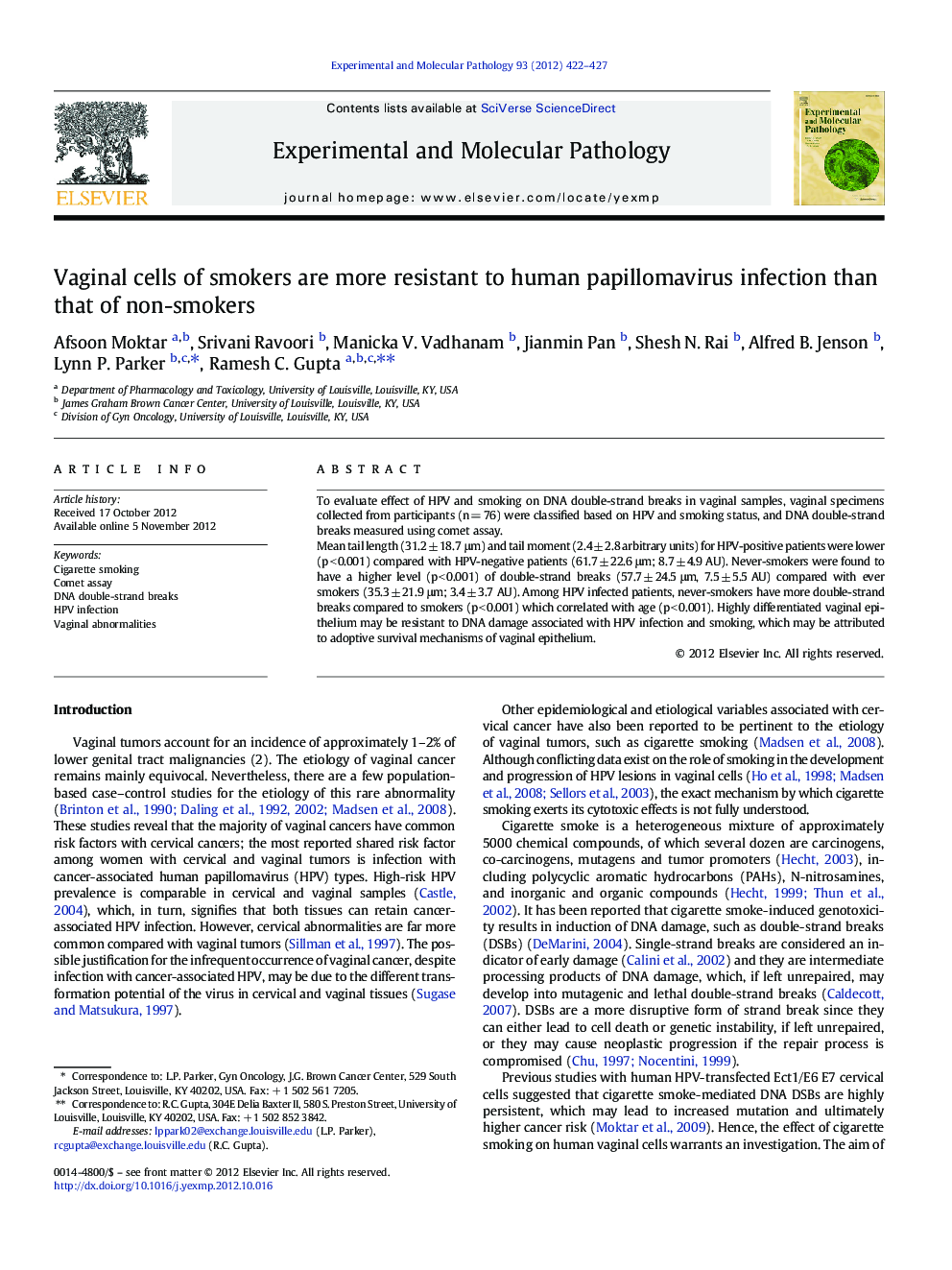 Vaginal cells of smokers are more resistant to human papillomavirus infection than that of non-smokers