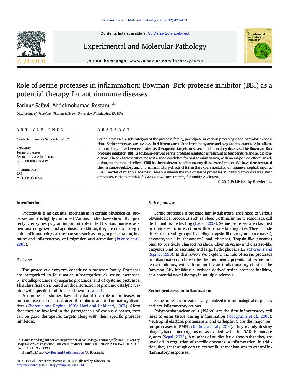 Role of serine proteases in inflammation: Bowman–Birk protease inhibitor (BBI) as a potential therapy for autoimmune diseases