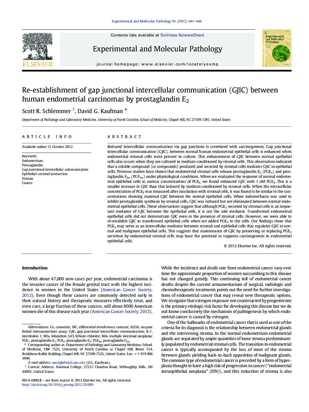 Re-establishment of gap junctional intercellular communication (GJIC) between human endometrial carcinomas by prostaglandin E2