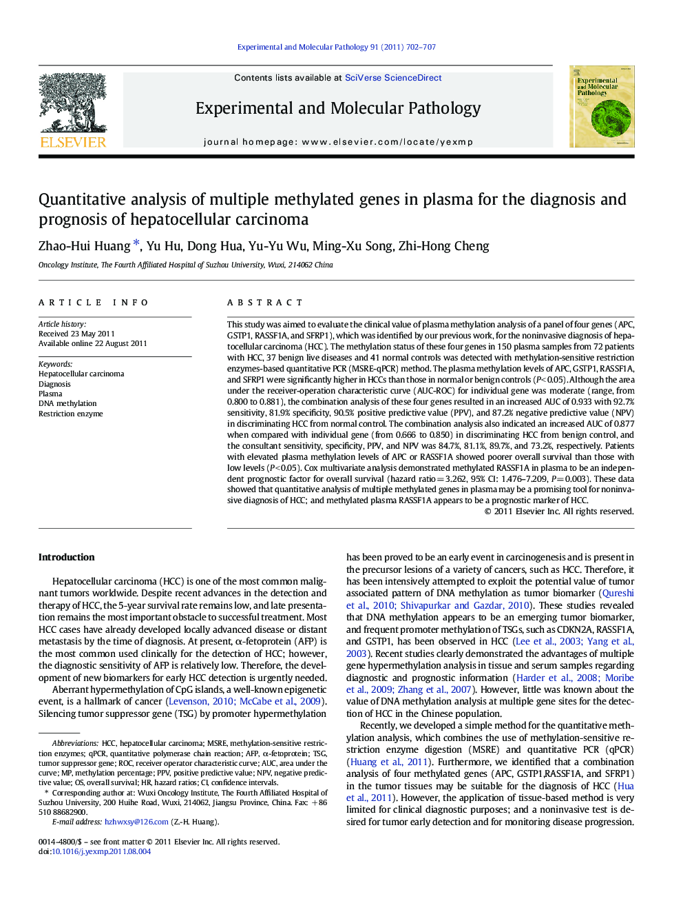 Quantitative analysis of multiple methylated genes in plasma for the diagnosis and prognosis of hepatocellular carcinoma