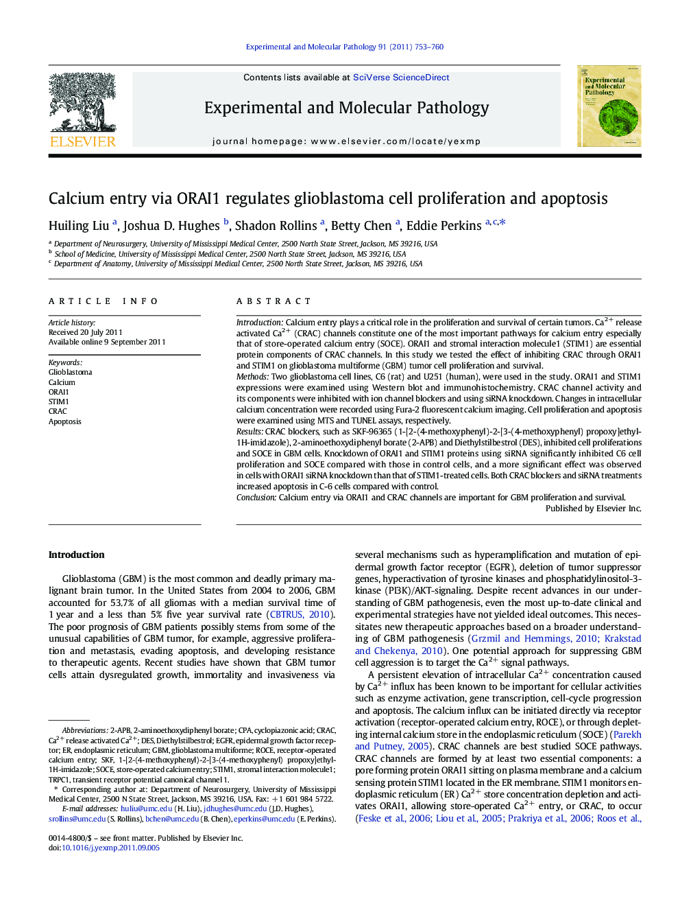 Calcium entry via ORAI1 regulates glioblastoma cell proliferation and apoptosis