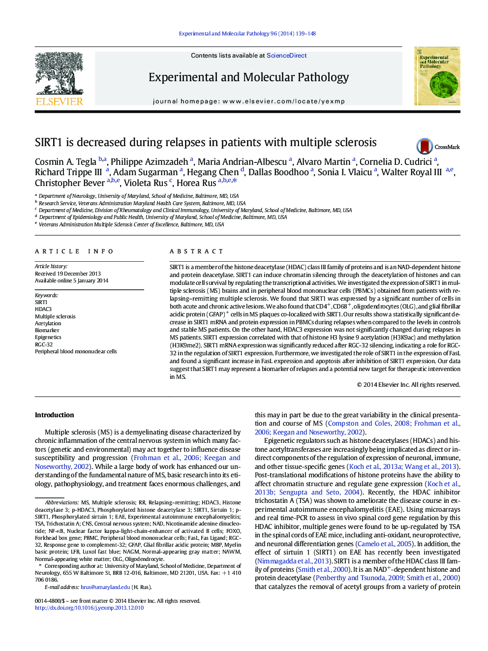 SIRT1 is decreased during relapses in patients with multiple sclerosis