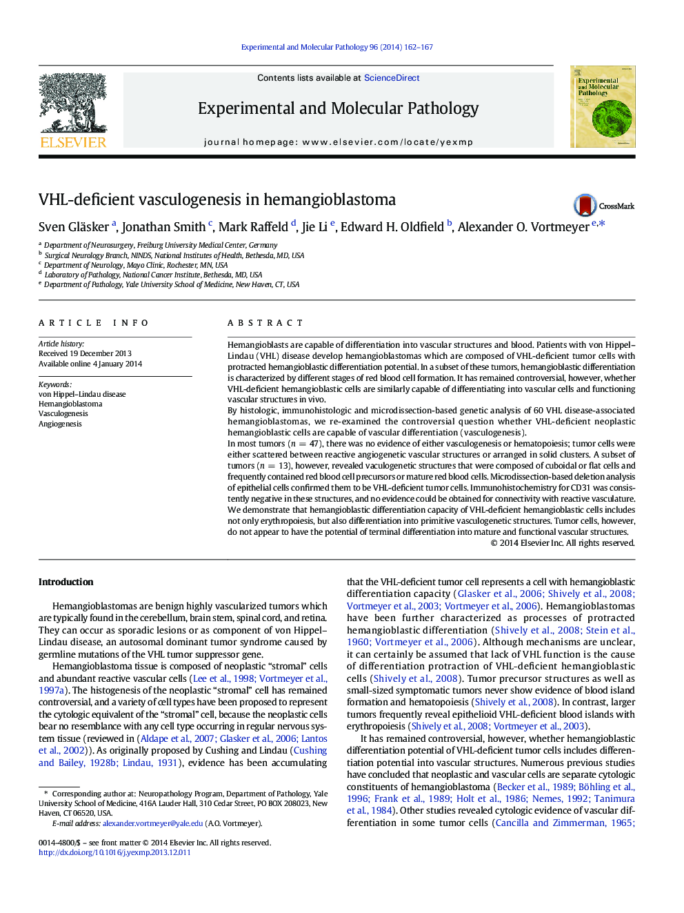 VHL-deficient vasculogenesis in hemangioblastoma