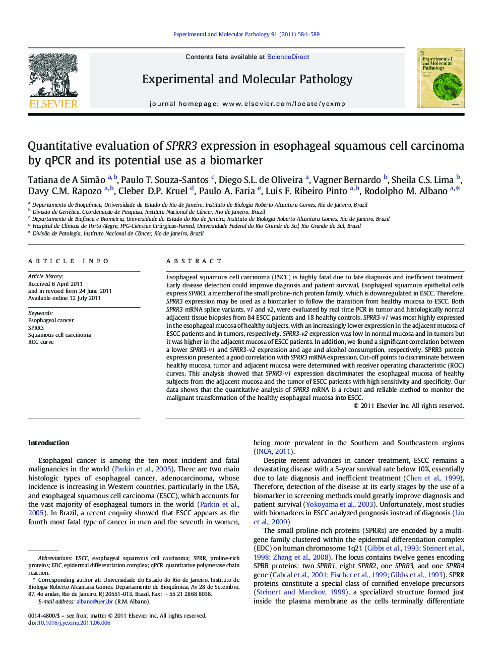 Quantitative evaluation of SPRR3 expression in esophageal squamous cell carcinoma by qPCR and its potential use as a biomarker