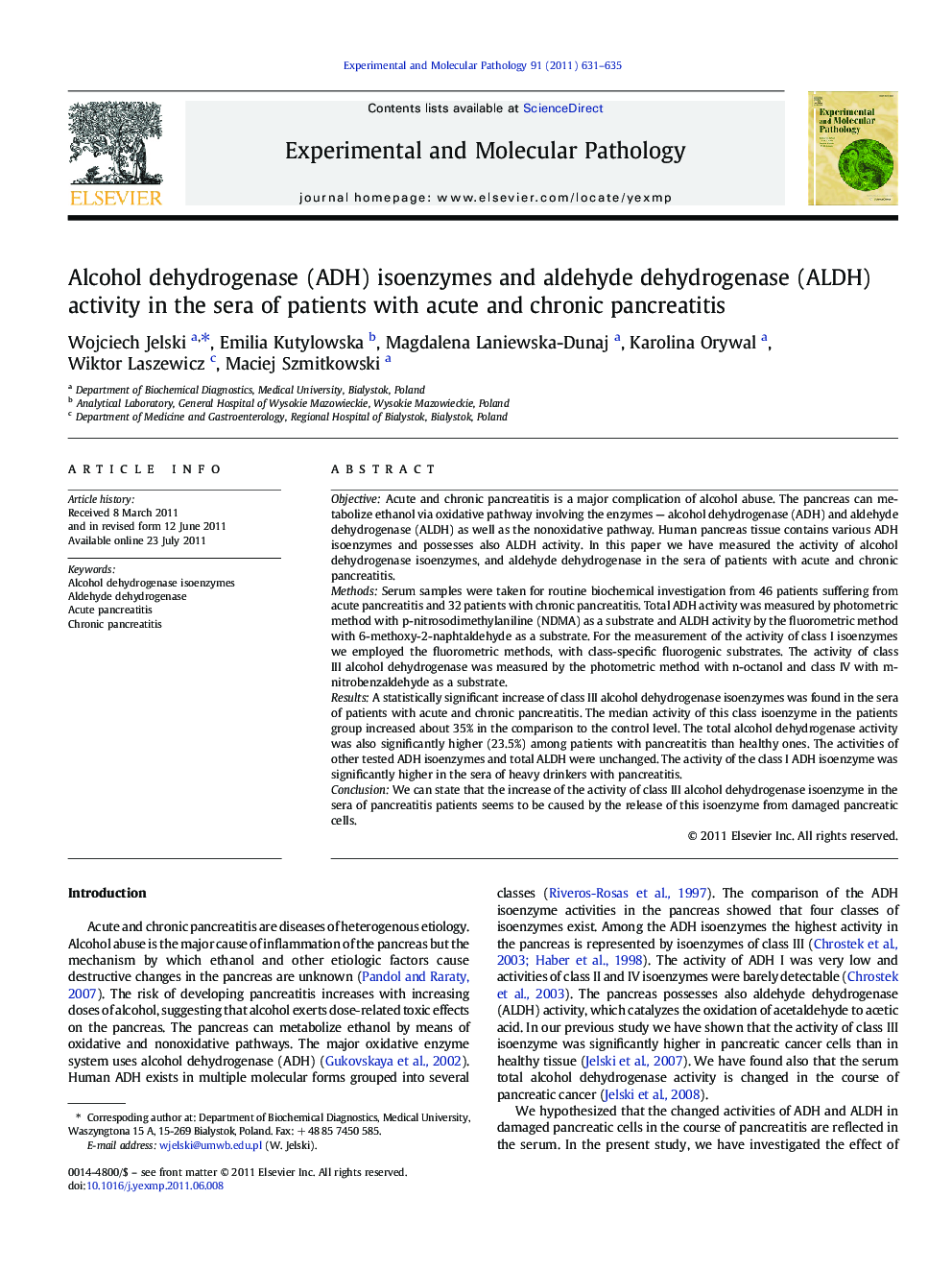 عکس صفحه اول مقاله: Alcohol dehydrogenase (ADH) isoenzymes and aldehyde dehydrogenase (ALDH) activity in the sera of patients with acute and chronic pancreatitis Alcohol dehydrogenase (ADH) isoenzymes and aldehyde dehydrogenase (ALDH) activity in the sera of patients with acute and chronic pancreatitis