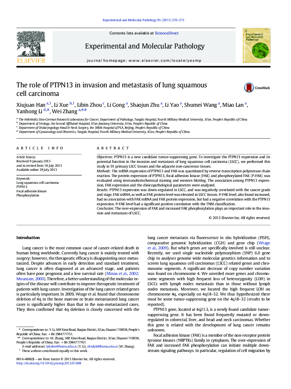 The role of PTPN13 in invasion and metastasis of lung squamous cell carcinoma