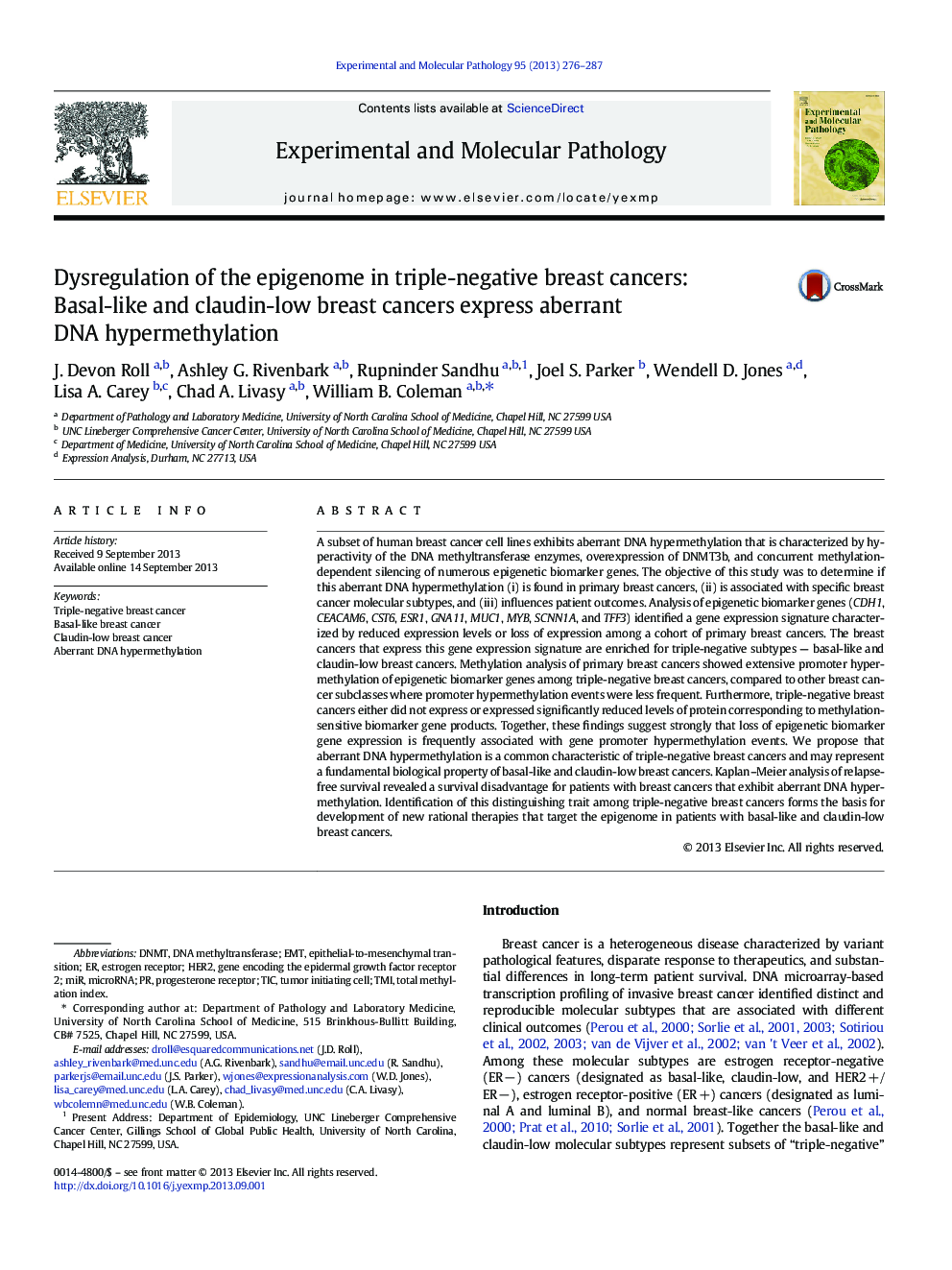 Dysregulation of the epigenome in triple-negative breast cancers: Basal-like and claudin-low breast cancers express aberrant DNA hypermethylation