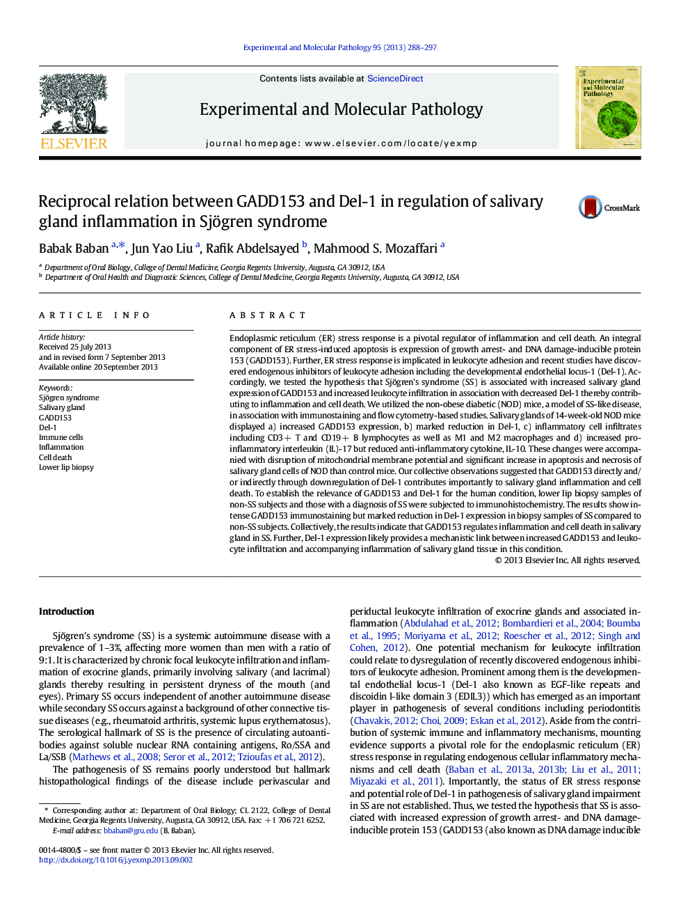 Reciprocal relation between GADD153 and Del-1 in regulation of salivary gland inflammation in Sjögren syndrome