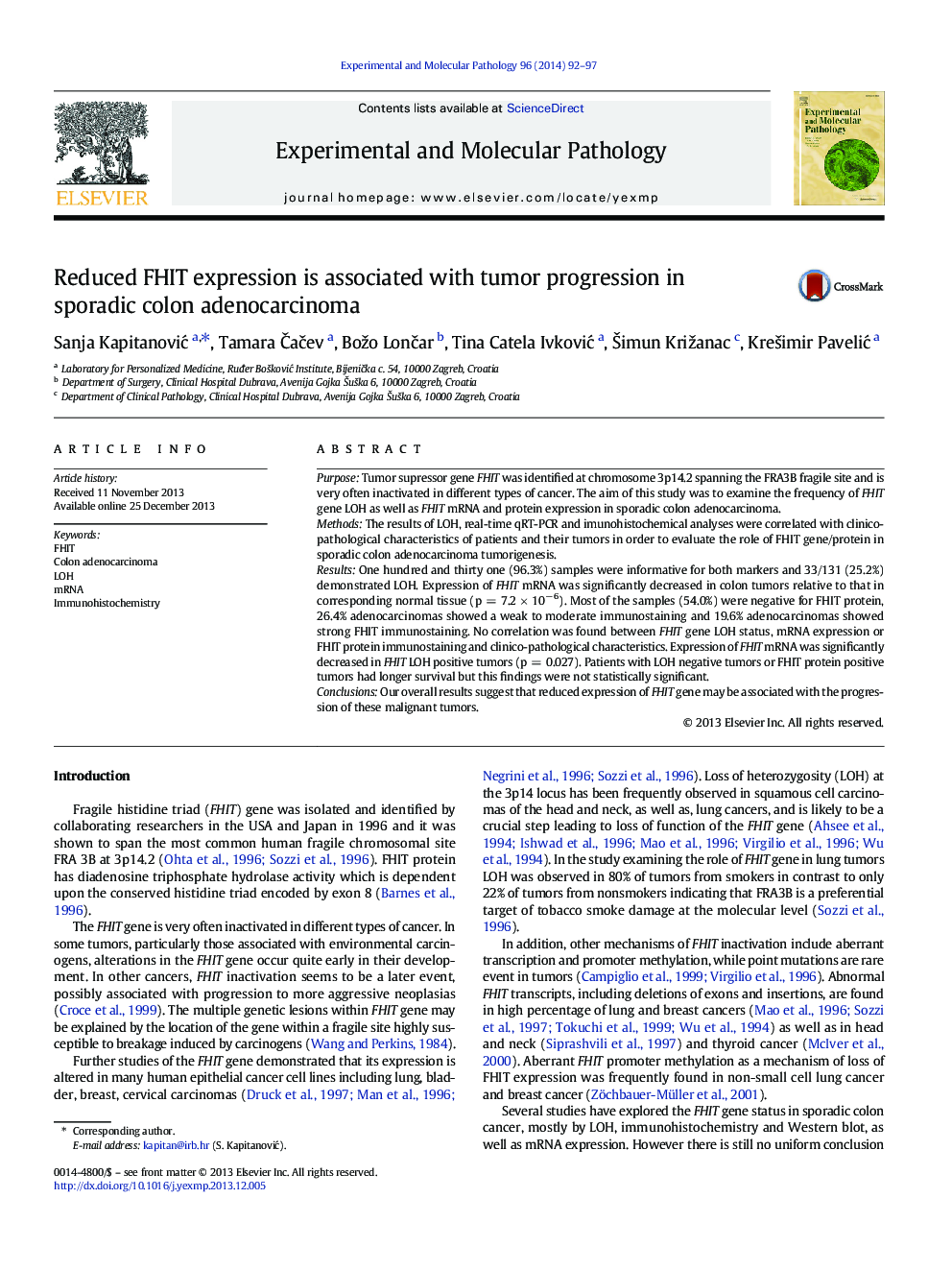 Reduced FHIT expression is associated with tumor progression in sporadic colon adenocarcinoma