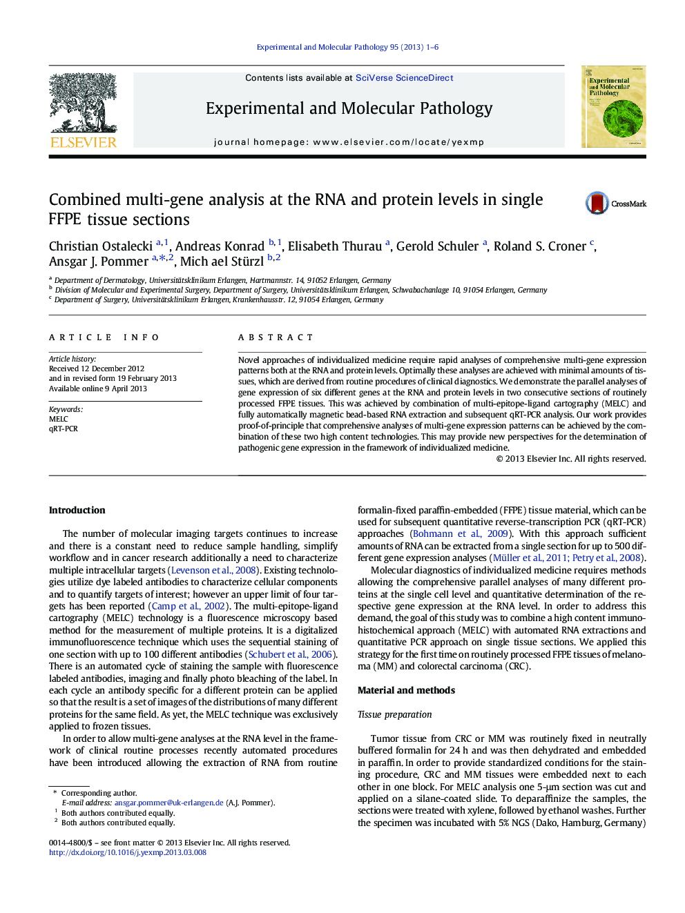 Combined multi-gene analysis at the RNA and protein levels in single FFPE tissue sections