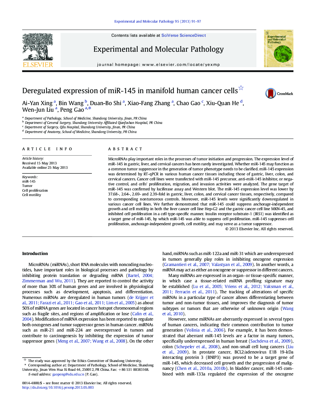 Deregulated expression of miR-145 in manifold human cancer cells