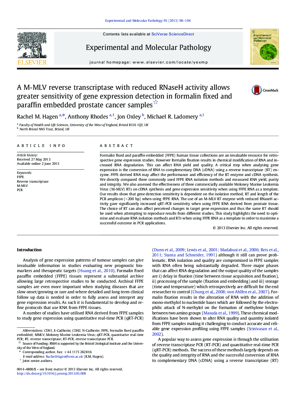 A M-MLV reverse transcriptase with reduced RNaseH activity allows greater sensitivity of gene expression detection in formalin fixed and paraffin embedded prostate cancer samples 
