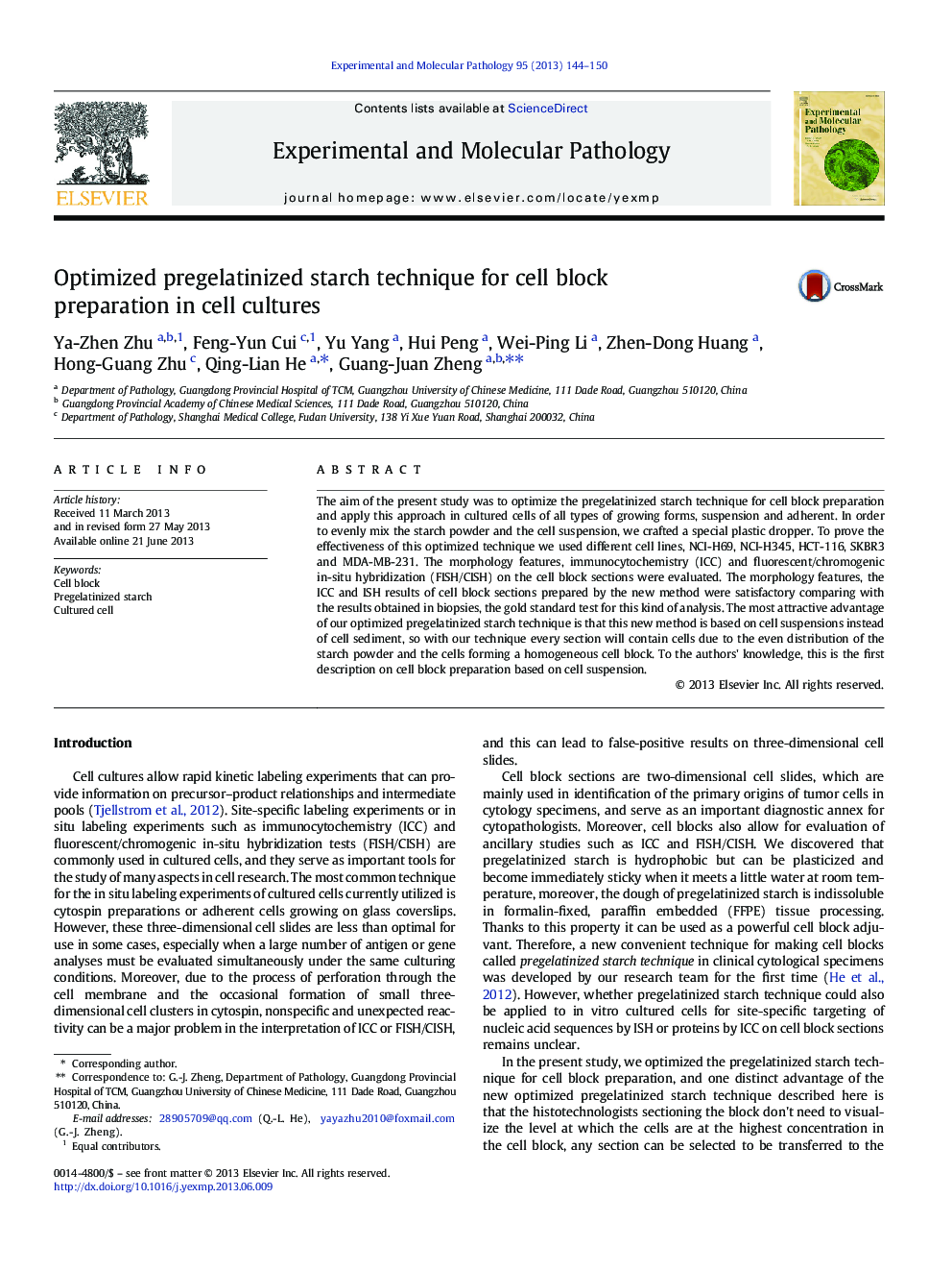 Optimized pregelatinized starch technique for cell block preparation in cell cultures