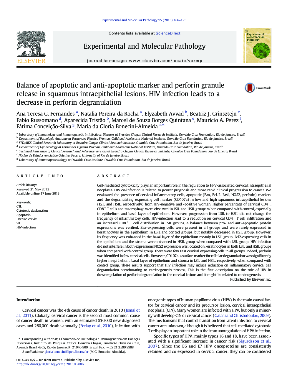 Balance of apoptotic and anti-apoptotic marker and perforin granule release in squamous intraepithelial lesions. HIV infection leads to a decrease in perforin degranulation